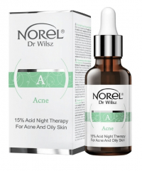 Norel 15% Acid Night therapy for acne and oily skin нічна сиворотка з 8% мигдалевою, 2% лактобіоновою, 5% азелогліцином та LNA 0,5% 30 мл